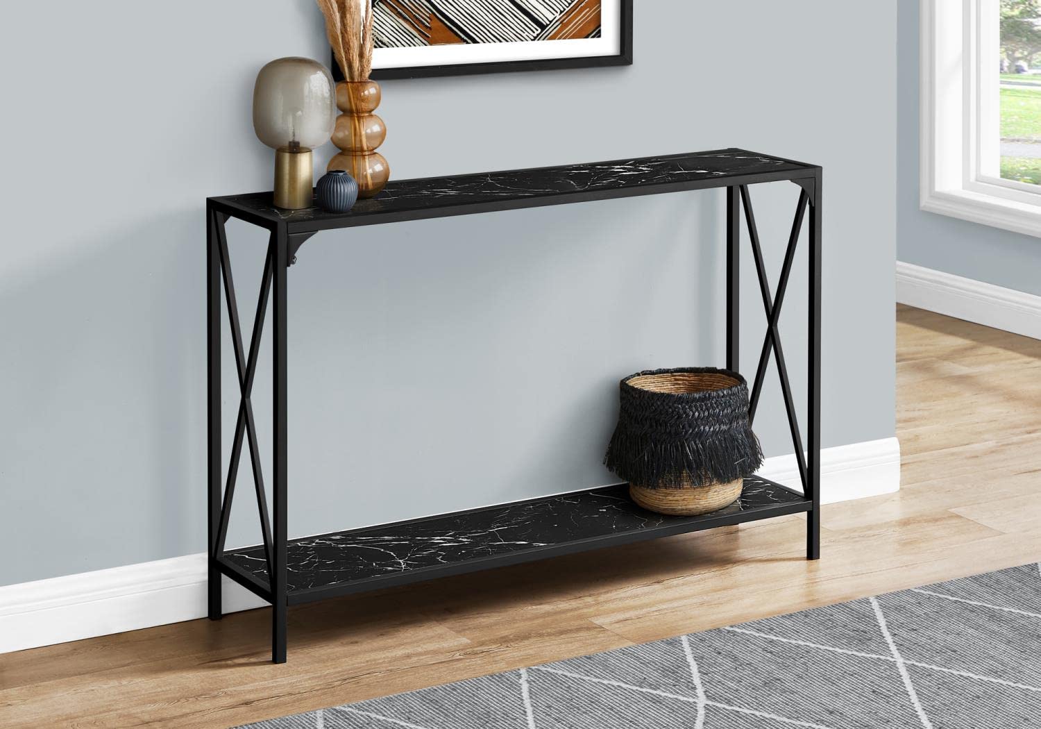 Monarch Specialties 2126 Accent Table, Console, Entryway, Narrow, Sofa, Living Room, Bedroom, Laminate, Contemporary, Modern Table-48 Hall, 48" L x 12" W x 32" H, Black Marble-Look/Black Metal